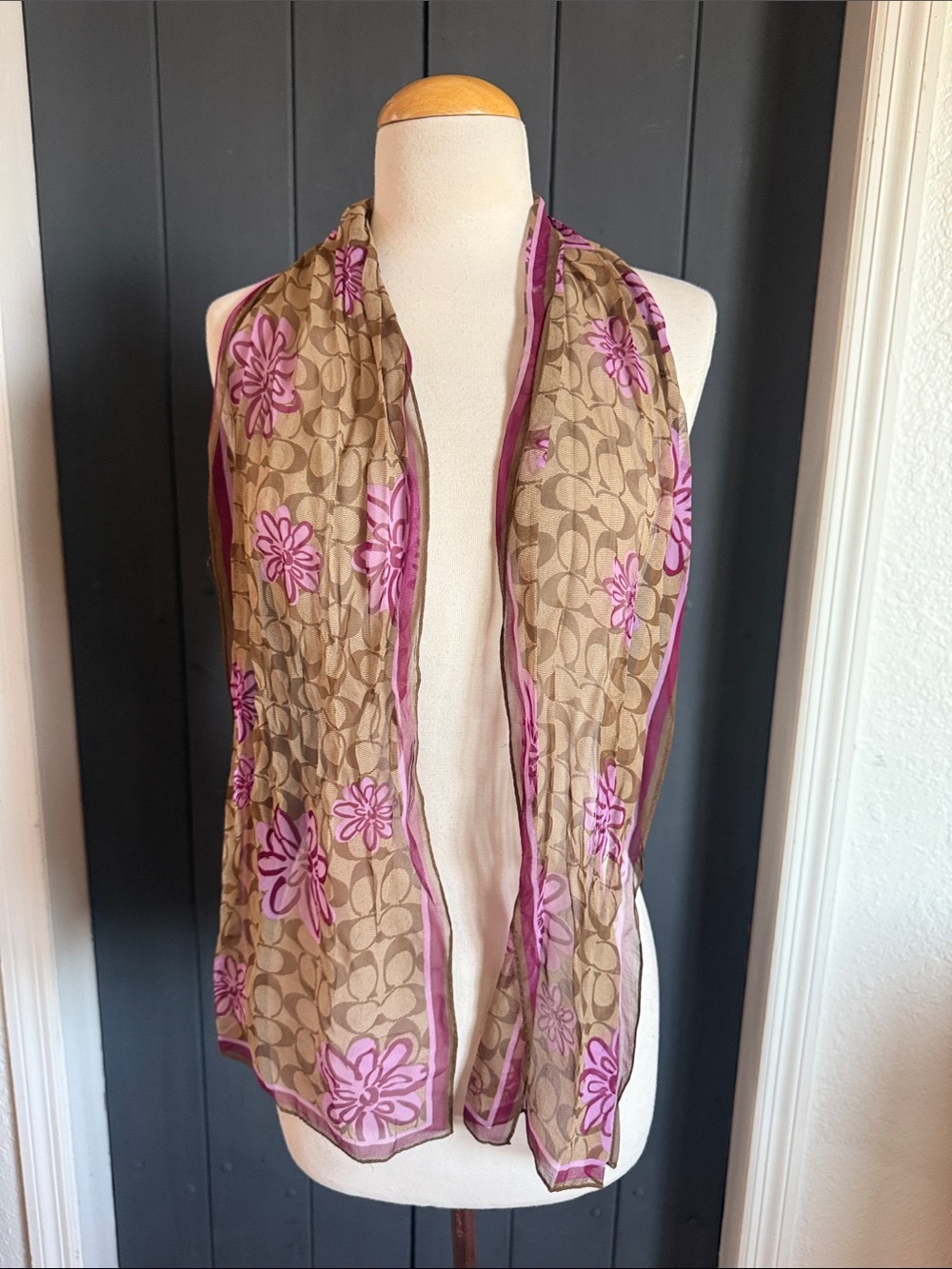 Coach Tan Monogram Scarf with Pink Floral Accents